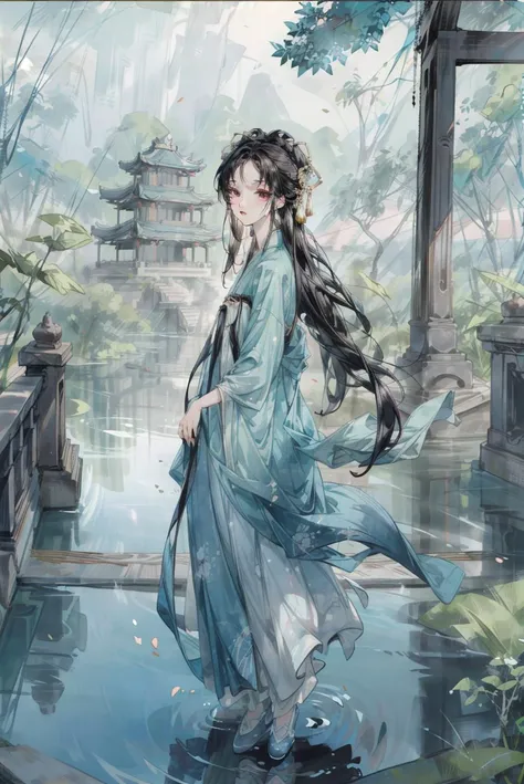 realistic, photorealistic, masterpiece, absurdres, incredibly absurdres, extremely detailed, hanfu, tang style, best quality, 1girl, solo, slim, expressionless, full body, dynamic pose, looking at viewer, long black hair, standing, chinese garden, ancient chinese building, water, detailed background, <lora:tangStyle26:0.7>, <lora:add_detail:1>, <lora:fashigirl-lora-v5-128dim-20ep-novae:0.7>, <lora:shuimobysimV3:0.4>