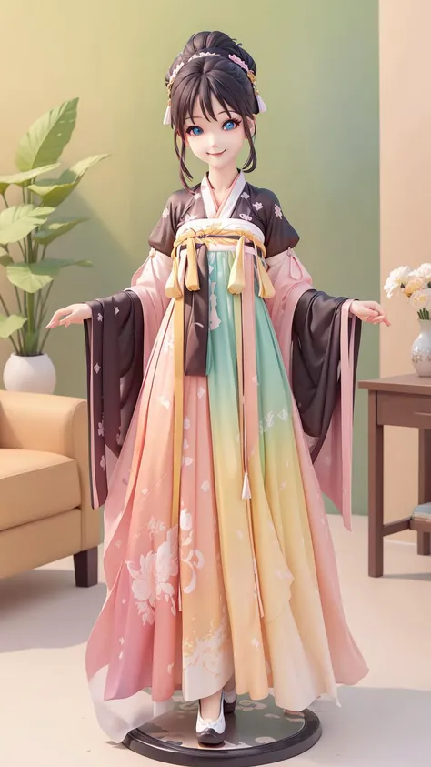 (masterpiece),(best quality),(ultra-detailed), (full body:1.2), 1girl,chibi,cute, smile, seductive posture, smile, A sleek black coffee table sits in front of the sofa and a few decorative items are placed on the shelves, (beautiful detailed face), (beautiful detailed eyes), hanfu, tang style, mmulticolour chest po skirt, pink upper shan, red pibo, yellow waistband,<lora:blindbox_v1_mix:1>,<lora:hanfuTang_v32:0.6>