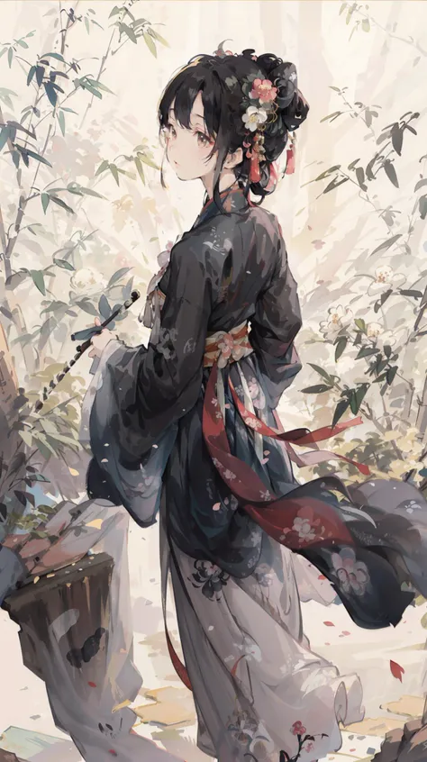 1girl,traditional chinese ink painting,Hanfu,tang style,flowers,simple background,plum blossom,bamboo,from behind,
<lora:SD_MoXinV1:0.5>,<lora:SD_hanfuTang_v35:0.8>,, (masterpiece, top quality, best quality, official art, beautiful and aesthetic:1.2)