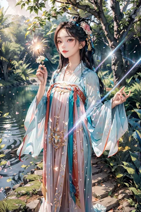 <(best quality, extremery best quality, masterpiece:1.4), (realistic, intricate details:1.4), (photorealistic:1.4), (extremely intricate:1.4), highres, ultra highres, ultra-detailed, absurdres, incredibly absurdres, extremely detailed, high quality, high resolution, hyperrealistic, ultra-realistic, hyper-detailed, top quality, best, fine detail, massive detail, Highly detailed, extreme detailed, highest detailed, high-res, absolutely resolution, reflection, (refraction:1.4), (hyperrealism:1.4)>, BREAK, 1girl, solo, looking at viewer, (young cute beautiful 18-year-old girl:1.4), 3d face, (hand of Guido Daniele:1.4), beautiful girl, Beautiful face, pretty, girlface, kpop idol, supermodel, stunning innocent symmetry face, perfect body, medium breast, slim waist, slim legs, (high detailed skin:1.5), glowing eyes, goddess, natural skin texture, shiny skin, White skin, Beautiful detailed face, detailed face, real skin texture, cute delicate face, finely detailed face, golden ratio, golden ratio face, expressive eyes, perfect face, perfect skin, flawless face, clear face, shiny hair, pale skin, Proper body proportion, perfect anatomy, realistic skin texture, luscious lips, glossy lips, natural makeup, beautiful bright pupils, slender figure, intricate eyes, detailed pupils, detailed face and eyes, longeyelashes, blush, good hand, perfect hands, pretty face, beautiful female bodies, finely detailed skin, oily shiny skin, clean facial features, an extremely delicate and beautiful, cute & girly, beautiful detailed eyes, stars in the eyes, detailed simmetric eyes, perfect smooth skin texture, BREAK, (((((standing, (hanfu, tang style, tang style outfits, pink upper shan, pink chest pleated skirt, red with pink waistband, red pibo:1.4), (smile, Pink hair, Pink eye, long hair, Pink eyelashes, Pink lips, Pink lip colour, Eyes glowing Pink, flat bangs, pink fluffy bunny:1.5), (night, Night time, moon light, sky, landscape, aurora borealis, stars, outdoors, Chinese, Pink fireworks, Sakura tree background:1.4), (lake background, mountains, full moon background, night lake shore, river, forest, chinese style countryard, lanterns, pond, cobblestone pathway, building pavilion, chinese buildings, moutains, misty lake, ancient chinese background, puddle, after the rain, petals falling, wet grass and trees, flower sea, in a meadow, waterfall, breeze, flying splashes, flying petals, leaves, bloom, bloom effect, surrounded by heavy floating petal flow, petal, Pink butterfly, flower, detailed beautiful grassland with petal, flowers, plants, Pink rose, many Pink roses, leaves falling from the tree, dust is drifting, ethereal, scenery, nature, mysterious background:1.4), (iridescent colors, Iridescence, blush, mysterious, fantasy background, fantasy, open mouth:1.2), (fog, wind:1.2), (Luminescent Particles:1.3), (fullbody:1.2), (eye focus, face focus, character focus, close-up face:1.2), (dutch angle, cowboy shot:1.3), colorful refraction)))), BREAK, <watercolor, available light, detailed light, volumetric fog, beautiful lighting, Rembrandt lighting, Cinematic, pixel art, game art, key visual, surreal, PBR Texturing, Anisotropic Filtering, Maximum Clarity And Sharpness, Albedo And Specular Maps, Multi-Layered Textures, Surface Shading, Sub-Pixel Convolution, Sub-Pixel Convolution, Accurate Simulation Of Light-Material Interaction, blurry foreground, broad light, volumetric light effect, matte painting, perfectly defined features, volumetric lighting, Tone Mapping, Lumen Reflections, Global illumination, Ray Tracing, Screen Space Global Illumination, Accent Lighting, 32k, Natural Lighting, volumetric, cinematic masterpiece, Rule of thirds, high dynamic range, Multi-exposure HDR capture, cinematic render, game cg cinematic, atmospheric perspective, movie scene, epic dynamic frame, motion blur, ((cinematic look, Film look)), rim light, 4k textures, adobe lightroom, photolab, insane details, hyperdetailed, exposure blend, professional color grading, professional color correction, aerial perspective, particles and dust in beams of light, cinematic scene, dynamic lighting, sharp details, lomography, soft focus, light leaks, bold hues, atmospheric depth, (explosive light and shadow:1.2), aesthetics, intricate designs, ultra realistic digital art, (zentangle, mandala, tangle, entangle), (fractal art), elegant, vivid colours, floating particles, particles, dramatic, epic, (ink drawing, oil painting detailed), (dramatic lighting:1.2), RAW, huge filesize, extremery detailed CG, Photo, 8k uhd, cinematic atmosphere, trending on artstation, award-winning glamour photograph, highly detailed photo, official art, beautiful and aesthetic, unity 8k wallpaper, beautiful, highly detailed CG illustration, best illustration, intricate, Amazing, emotional, analog, painting, digital painting, concept art, Oil Painting, illustration, Classical art, Renaissance, Romanticism, Neoclassicism, Color Palette, depth and contrast, Vibrant colors, saturated, rich saturation, color harmony, vivid palette, concept-art, design style, detail character, concept render, colorful, analog photography, dreamy atmosphere, specular highlights, atmospheric lighting, (dynamic angle, dynamic pose :1.3), (shiny, clothes reflecting light, lens flare, bloom effect, light particle, lens glare:1.3), realistic lighting, cinematic light, (cinematic lighting), light in the face, soft lighting, saturated colors, detailed background, sharp focus, 8k high definition, perspective, Master Composition, roughness, post-processing, soft shadows, realistic shadows, ambient occlusion, ray-tracing, subsurface scattering, photon mapping, physically-based rendering, octane rendering, unreal engine 5, ue5 rendering, Adobe After FX, dslr, RTX, Best character details, radiosity, sharp, antialiased, RAW photo, HDR, 8k, 4k, (((Photographed by Roger Deakins, using a RED Monstro 8K VV camera and a series of high-end lenses))), ((Hasselblad photography)), (film grain:1.4), Kodak portra 400, ((Fujifilm X-T5)), professional photograph, depth of field, caustics, Broad lighting, diffuse lighting, rim lighting, two tone lighting, textile details, visible pores, high resolution scan, professionally color graded, photographic reality, automatic white balance, best lighting, detailed shadow, high contrast, strong light and shadow>, (PureErosFace_V1:0.5), (ulzzang-6500:1), <lora:epiNoiseoffset_v3:0.05>, <lora:add_detail:0.1>, <lora:hanfuTang_v35:0.8>, <lora:zhongfenghuaxiyou-000018:0.05>, zhongfenghua