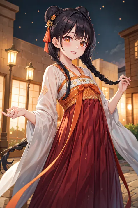 masterpiece, best quality, anime, illustration, extremely detailed, 1girl, black hair, twin braids, braided bun, orange eyes, smile, blush, outdoors, atmospheric lighting, bokeh, depth of field, tang style outfits, red long upper shan, waistband, chest pleated skirt, <lora:hanfutang_v31:0.5>