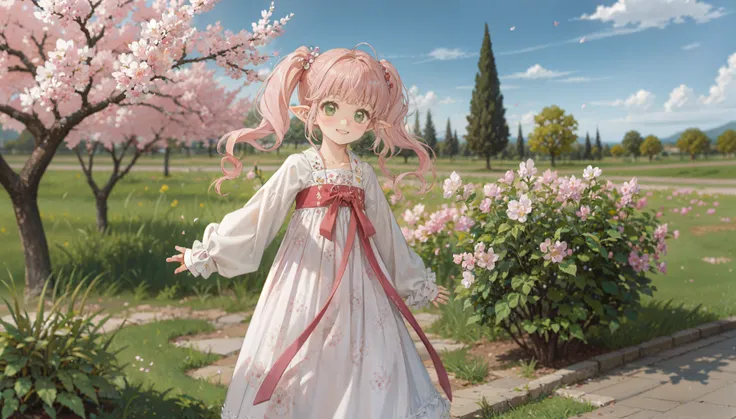 masterpiece, best quality, 1girl, solo, [pink hair|two-tone hair|white hair], twintails, multicolored hair, white hair, pink hair, wavy hair, parted bangs, swept bangs, green eyes, tsurime, (pointy ears, wind:1.2), child, smile, blush, tree, plant, petals, flowers, plum blossoms, spring, BREAK chest po skirt, (pibo:1.2), waistband, multicolor,   <lora:hanfutang_v31:0.5>