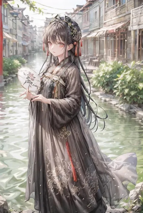 (masterpiece, top quality, best quality, official art, beautiful and aesthetic:1.2), 1girl, solo, long black hair, hanfu, looking at viewer,  cowboy shot, standing by the river, (chinese town:1.4), water, holding a chinese folding fan,<lora:add_detail:1.1>,  <lora:tangStyle17:0.75>