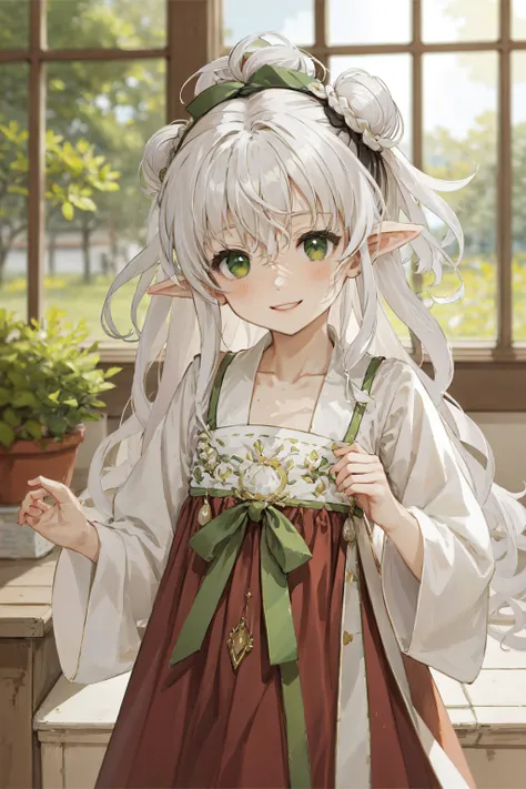 masterpiece, best quality, extremely detailed, detailed background, detailed face, anime, illustration, 1girl, (white hair, hair buns, very long hair, wavy hair, messy hair:1.3), green eyes, pointy ears, parted lips, smile, blush, light rays, sunlight, glow, shiny, long upper shan, waistband, pibo, chest po skirt, upper body, tang style outfits, jumping, child, small girl, <lora:hanfutang_v31:0.5>