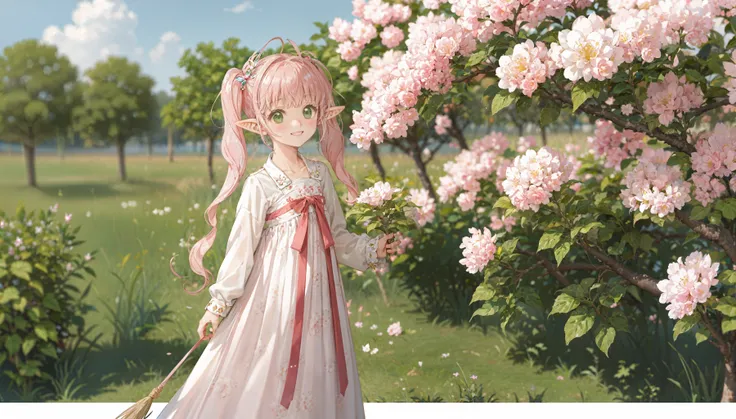 masterpiece, best quality, 1girl, solo, [pink hair|two-tone hair|white hair], twintails, multicolored hair, white hair, pink hair, wavy hair, parted bangs, swept bangs, green eyes, tsurime, (pointy ears, wind:1.2), child, smile, blush, tree, plant, petals, flowers, plum blossoms, spring, BREAK chest po skirt, (pibo:1.2), waistband, multicolor,   <lora:hanfutang_v31:0.5>