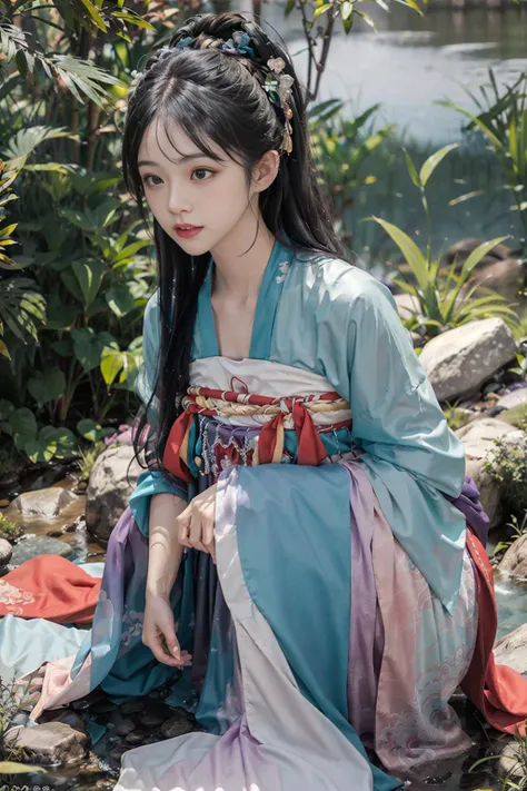 best quality,masterpiece,rich details,in the bamboo forest,1girl,teen,glamor,large breasts,black eyes,closed mouth,multicolored hair,long hair,straight hair,swept bangs,hanfu,tang style outfits,<lora:hanfuTang_v35:0.7>,cyan blue upper shan,orange long upper shan,red chest po skirt,multicolour chest pleated skirt,red waistband,purple pibo,