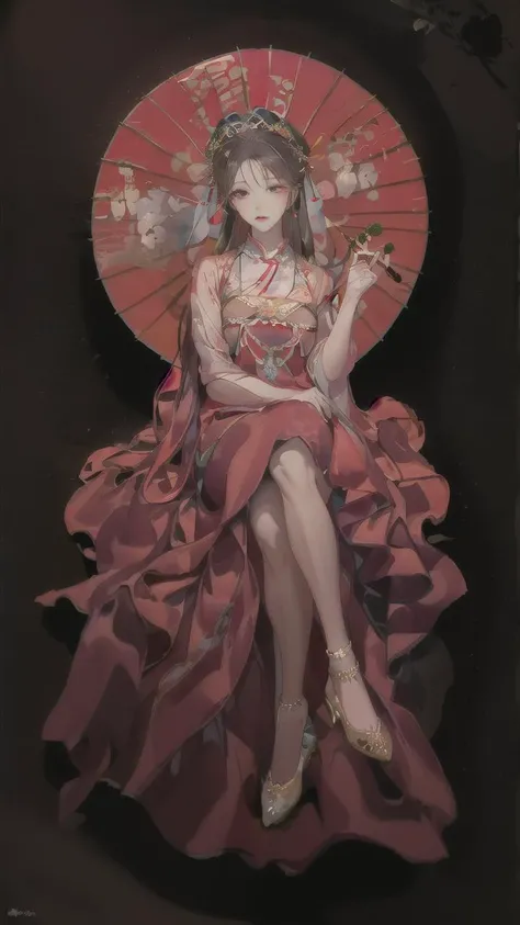 1girl,solo,sitting,brown hair,(red long dress:1.2),jewelry,Chinese wedding,wedding,Chinese wedding dress,long sleeves,looking at viewer,(in the dark:1.3),(top light:1.2),shy,blush,<lora:hanfuTang_v32:0.7>,legs,(red high-heeled shoes:1.3),long pipe,take the pipe,red oil paper umbrella,