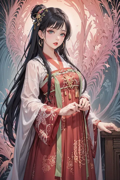 (masterpiece, top quality, best quality, official art, beautiful and aesthetic:1.2),tifa,eyeliner,mascara,Black_eyes,Black_hair,long hair,lipstick,hanfu, tang style outfits, 1girl, pink upper shan, red chest pleated skirt, green with pink waistband, red pibo,extreme detailed,(fractal art:1.3),colorful,highest detailed,cowboy shot,jewelry,energetic movement,facing viewer,