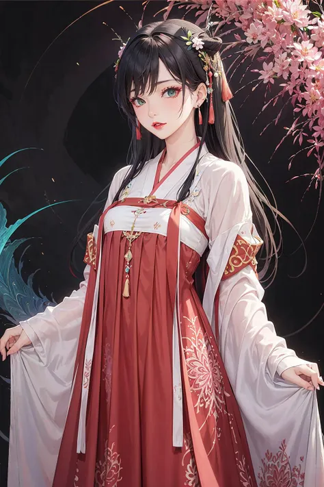 (masterpiece, top quality, best quality, official art, beautiful and aesthetic:1.2),tifa,eyeliner,mascara,Black_eyes,Black_hair,long hair,lipstick,hanfu, tang style outfits, 1girl, pink upper shan, red chest pleated skirt, green with pink waistband, red pibo,extreme detailed,(fractal art:1.3),colorful,highest detailed,cowboy shot,jewelry,energetic movement,facing viewer,