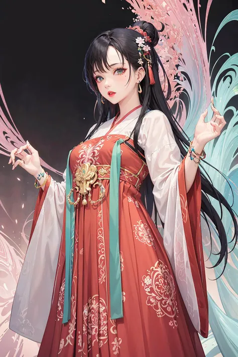(masterpiece, top quality, best quality, official art, beautiful and aesthetic:1.2),tifa,eyeliner,mascara,Black_eyes,Black_hair,long hair,lipstick,hanfu, tang style outfits, 1girl, pink upper shan, red chest pleated skirt, green with pink waistband, red pibo,extreme detailed,(fractal art:1.3),colorful,highest detailed,cowboy shot,jewelry,energetic movement,facing viewer,