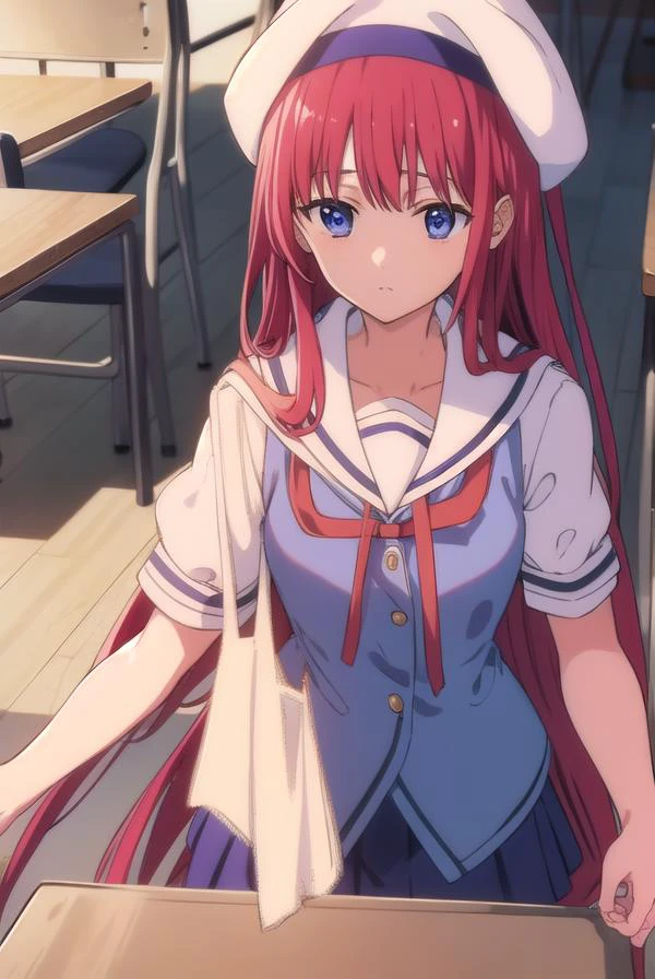 kotorishirakawa, <lyco:kotorishirakawa-LYCORIStest:1>,
kotori shirakawa, long hair, blue eyes, red hair, (small breast:1.2),
BREAK skirt, hat, school uniform, short sleeves, socks, puffy sleeves, puffy short sleeves, beret,
BREAK looking at viewer,
BREAK indoors, classroom,
BREAK <lora:GoodHands-vanilla:1>, (masterpiece:1.2), best quality, high resolution, unity 8k wallpaper, (illustration:0.8), (beautiful detailed eyes:1.6), extremely detailed face, perfect lighting, extremely detailed CG, (perfect hands, perfect anatomy),