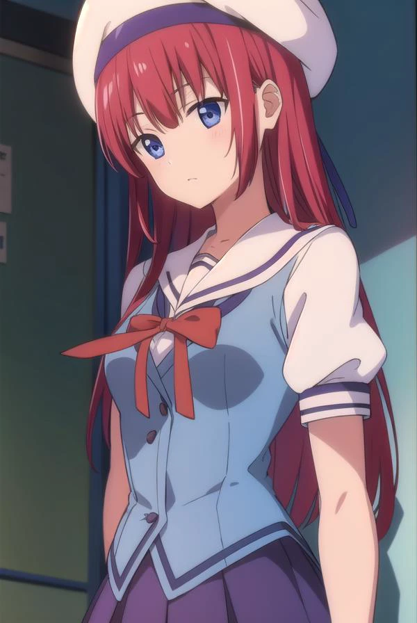 kotorishirakawa, <lyco:kotorishirakawa-LYCORIStest:1>,
kotori shirakawa, long hair, blue eyes, red hair, (small breast:1.2),
BREAK skirt, hat, school uniform, short sleeves, socks, puffy sleeves, puffy short sleeves, beret,
BREAK looking at viewer,
BREAK indoors, classroom,
BREAK <lora:GoodHands-vanilla:1>, (masterpiece:1.2), best quality, high resolution, unity 8k wallpaper, (illustration:0.8), (beautiful detailed eyes:1.6), extremely detailed face, perfect lighting, extremely detailed CG, (perfect hands, perfect anatomy),