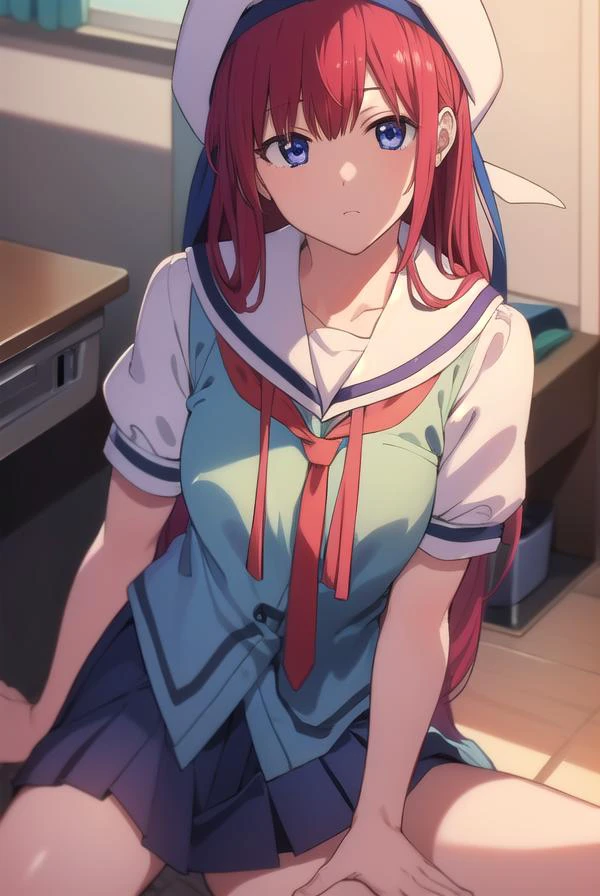 kotorishirakawa, <lyco:kotorishirakawa-LYCORIStest:1>,
kotori shirakawa, long hair, blue eyes, red hair, (small breast:1.2),
BREAK skirt, hat, school uniform, short sleeves, socks, puffy sleeves, puffy short sleeves, beret,
BREAK looking at viewer,
BREAK indoors, classroom,
BREAK <lora:GoodHands-vanilla:1>, (masterpiece:1.2), best quality, high resolution, unity 8k wallpaper, (illustration:0.8), (beautiful detailed eyes:1.6), extremely detailed face, perfect lighting, extremely detailed CG, (perfect hands, perfect anatomy),