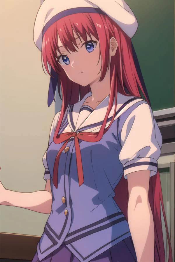 kotorishirakawa, <lyco:kotorishirakawa-LYCORIStest:1>,
kotori shirakawa, long hair, blue eyes, red hair, (small breast:1.2),
BREAK skirt, hat, school uniform, short sleeves, socks, puffy sleeves, puffy short sleeves, beret,
BREAK looking at viewer,
BREAK indoors, classroom,
BREAK <lora:GoodHands-vanilla:1>, (masterpiece:1.2), best quality, high resolution, unity 8k wallpaper, (illustration:0.8), (beautiful detailed eyes:1.6), extremely detailed face, perfect lighting, extremely detailed CG, (perfect hands, perfect anatomy),