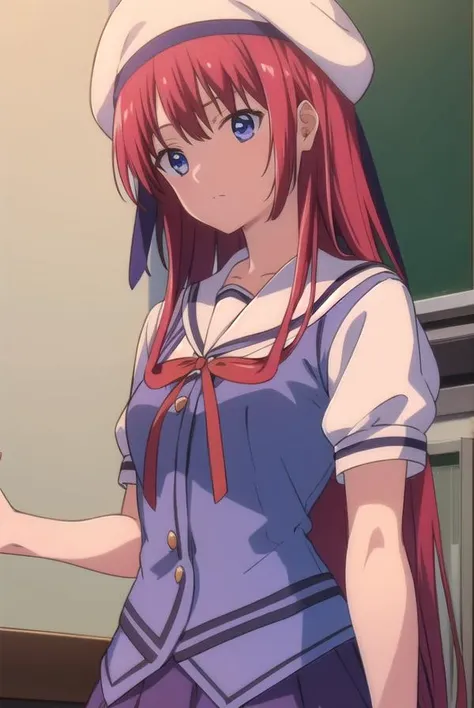 kotorishirakawa, <lyco:kotorishirakawa-LYCORIStest:1>,
kotori shirakawa, long hair, blue eyes, red hair,  (small breast:1.2),
BREAK skirt, hat, school uniform, short sleeves, socks, puffy sleeves, puffy short sleeves, beret,
BREAK looking at viewer,
BREAK indoors, classroom, 
BREAK <lora:GoodHands-vanilla:1>, (masterpiece:1.2), best quality, high resolution, unity 8k wallpaper, (illustration:0.8), (beautiful detailed eyes:1.6), extremely detailed face, perfect lighting, extremely detailed CG, (perfect hands, perfect anatomy),