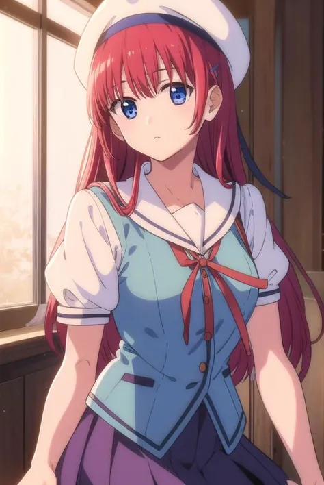 kotorishirakawa, <lyco:kotorishirakawa-LYCORIStest:1>,
kotori shirakawa, long hair, blue eyes, red hair,  (small breast:1.2),
BREAK skirt, hat, school uniform, short sleeves, socks, puffy sleeves, puffy short sleeves, beret,
BREAK looking at viewer,
BREAK indoors, classroom, 
BREAK <lora:GoodHands-vanilla:1>, (masterpiece:1.2), best quality, high resolution, unity 8k wallpaper, (illustration:0.8), (beautiful detailed eyes:1.6), extremely detailed face, perfect lighting, extremely detailed CG, (perfect hands, perfect anatomy),