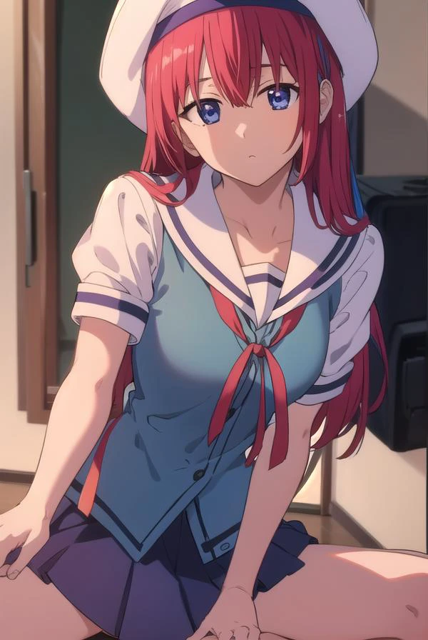 kotorishirakawa, <lyco:kotorishirakawa-LYCORIStest:1>,
kotori shirakawa, long hair, blue eyes, red hair, (small breast:1.2),
BREAK skirt, hat, school uniform, short sleeves, socks, puffy sleeves, puffy short sleeves, beret,
BREAK looking at viewer,
BREAK indoors, classroom,
BREAK <lora:GoodHands-vanilla:1>, (masterpiece:1.2), best quality, high resolution, unity 8k wallpaper, (illustration:0.8), (beautiful detailed eyes:1.6), extremely detailed face, perfect lighting, extremely detailed CG, (perfect hands, perfect anatomy),
