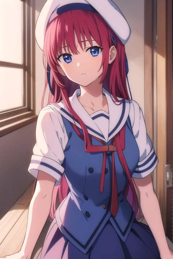 kotorishirakawa, <lyco:kotorishirakawa-LYCORIStest:1>,
kotori shirakawa, long hair, blue eyes, red hair, (small breast:1.2),
BREAK skirt, hat, school uniform, short sleeves, socks, puffy sleeves, puffy short sleeves, beret,
BREAK looking at viewer,
BREAK indoors, classroom,
BREAK <lora:GoodHands-vanilla:1>, (masterpiece:1.2), best quality, high resolution, unity 8k wallpaper, (illustration:0.8), (beautiful detailed eyes:1.6), extremely detailed face, perfect lighting, extremely detailed CG, (perfect hands, perfect anatomy),