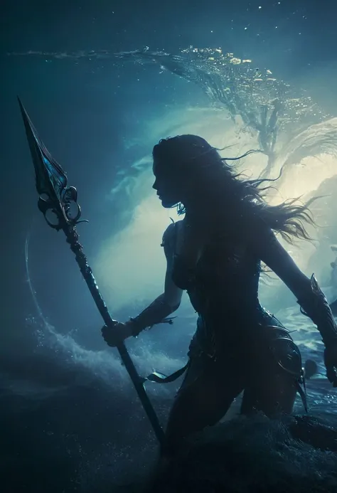 Captivating the Depths: A Water Goddess, her silhouette commanding against the deep blue sea, leans on her spear amidst roiling waves. Her flowing hair dances underwater, as her gaze pierces with an enigmatic intensity.
atmospheric haze, Film grain, cinematic film still, shallow depth of field, highly detailed, high budget, cinemascope, moody, epic, OverallDetail, 2000s vintage RAW photo, photorealistic, candid camera, color graded cinematic, eye catchlights, atmospheric lighting, imperfections, natural, shallow dof