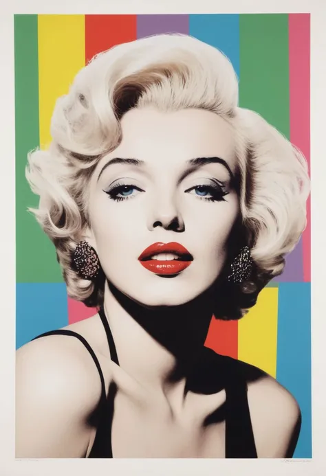 a 1980s pop art style portrait of Marylin Monroe, punk, pop art, stylized, bold colors, photo and illustration hybrid