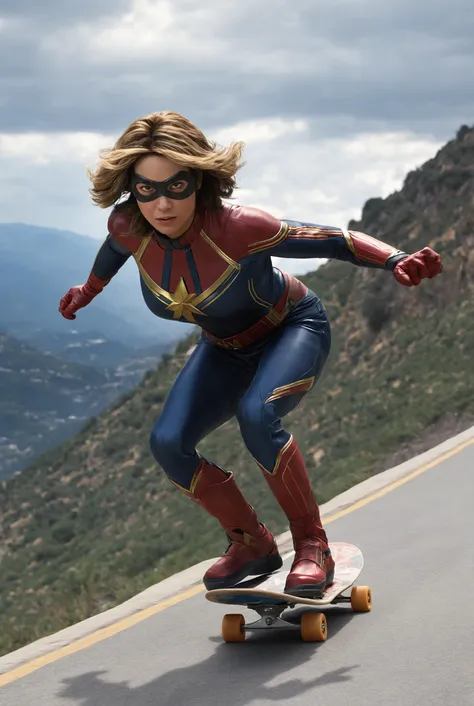 ms. marvel riding a skateboard down a mountain side road in a helmet and gloves on a mountain side,  hyper real, poster art, photorealism, face close-up, motion lines, motion blur, film screencap, film grain, movie poster,