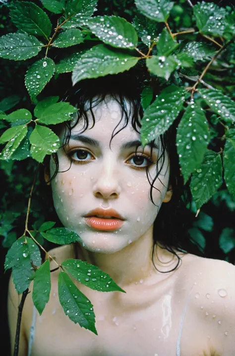 delicate water droplets adorn her face,polished appearance,abominable snowman,Apollonia Saintclair,Enlarging into a monster,Edward Robert Hughes,Super Nintendo,flagellant,Ampelosaurus,framed by the delicate green leaves of overhanging branches film grain texture,uncensored,surreal,analog photography aesthetic,