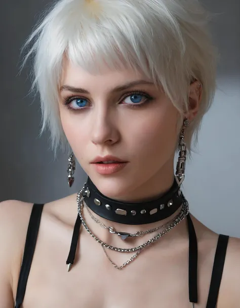 a woman with blue eyes, platinum blonde hair, short hair, spiked hair,   and a black choker with lights on her neck and a black choker with a chain around her neck, Artgerm, realistic eyes, cyberpunk theme, film screenscap, closeup portrait, sideways glance, 
masterpiece, best quality, intricate details