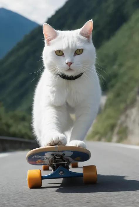 a white cat  riding a skateboard down a mountain side road in a helmet and gloves on a mountain side,  hyper real, poster art, photorealism, face close-up, motion lines, motion blur, film screencap, film grain, movie poster,  horrified,