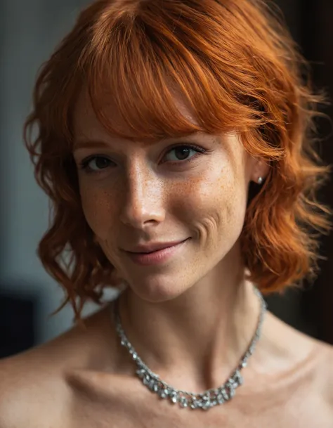 a woman and a necklace on her neck looking at the camera with a light smile on her face (freckles:0.35), a portrait, neo-romanticism, medium hair, swept bangs, sidelocks, ginger beauty, looking to the side,
masterpiece, best quality, depth of field, close-up, bare shoulders,