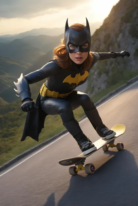 batgirl riding a skateboard down a mountain side road in a helmet and gloves on a mountain side, hyper real, poster art, photorealism, face close-up, motion lines, motion blur, film screencap, film grain, movie poster, sunset,