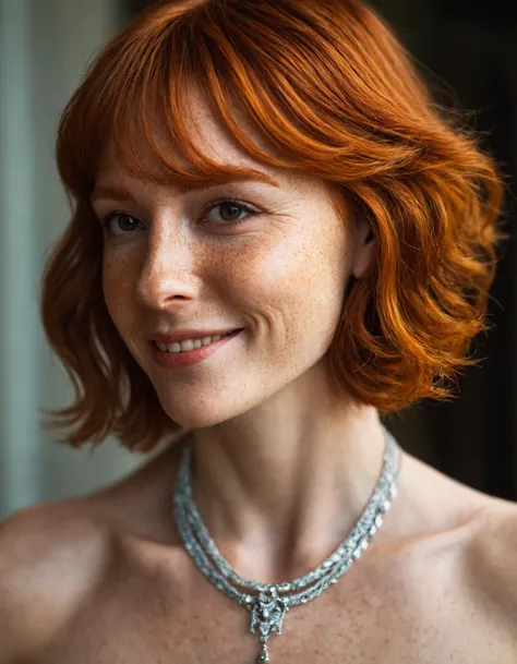 a woman  and a necklace on her neck looking at the camera with a light smile on her face (freckles:0.35), a portrait, neo-romanticism,  medium hair, swept bangs,  sidelocks, ginger beauty, looking to the side, 
masterpiece, best quality, depth of field, close-up,