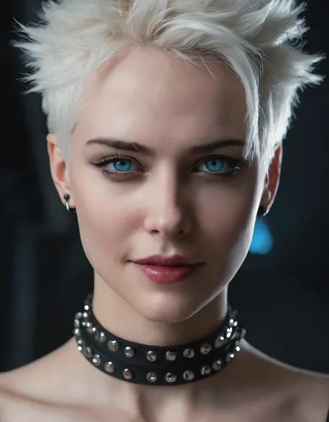 a woman with blue eyes, platinum blonde hair, short hair, spiked hair, and a black choker with lights on her neck and a black choker with a chain around her neck, Artgerm, realistic eyes, cyberpunk theme, film screencap, closeup portrait, sideways glance, evil grin, half-closed eyes,
masterpiece, best quality, intricate details