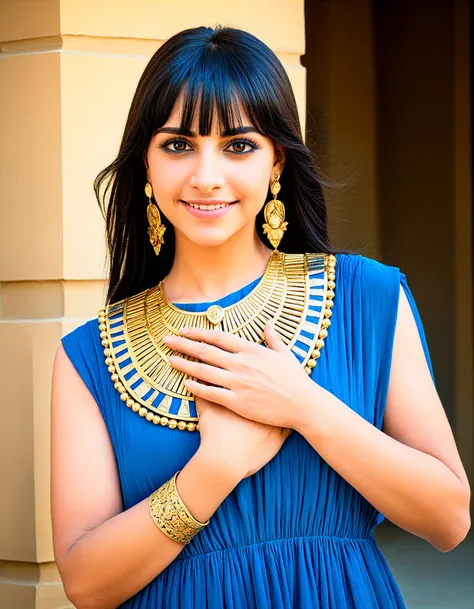 a woman in a blue dress with gold jewelry and a blue dress with gold trims and a blue dress with gold trims,  intricate detail , egyptian art, fantasy art, blunt bangs, straight hair, long hair,    <lora:SDXLHighDetail_v5:0.5> <lora:SDS_Contrast tool_XL:1> <lora:great_lighting:1> great lighting, makeup,  outdoors,   bags under eyes, eyelashes, intricate skin details, head tilt, light smile,  depth of field, hand on own chest, 
masterpiece, best quality, cinematic, volumetric lighting,