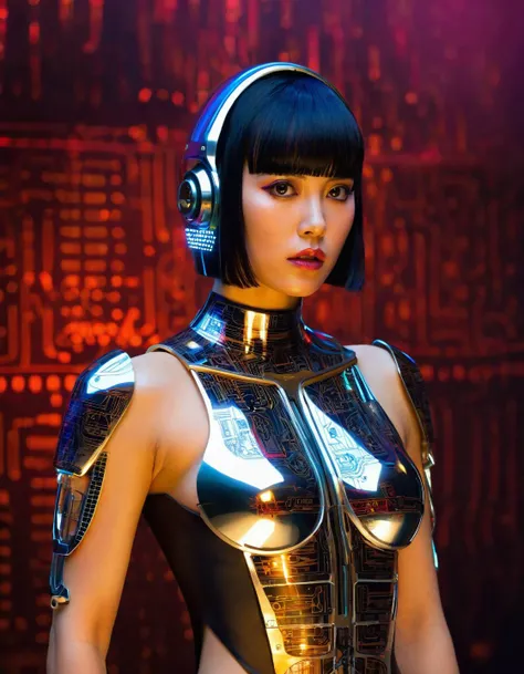 masterpiece, best quality, a woman futurstic outfit, Ai-Mitsu, ex machina, cyberpunk art, computer art, bangs,