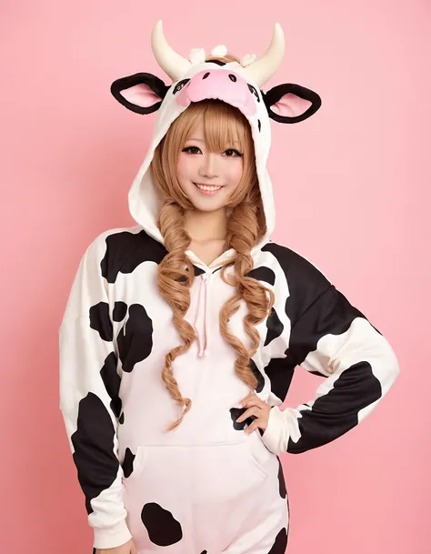 a girl in a cow costume with a hoodie on her head and a cow on her head, standing in front of a pink background, Ay-O, kawaii, makeup, gyaru, tan, tanned skin, smile, remodernism, sexy attire, photography art, cosplay photoshoot
masterpiece, best quality, intricate details