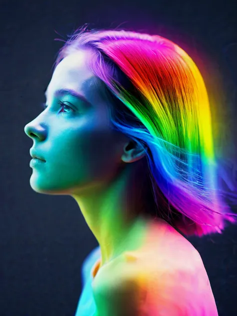 chromatic aberration, fusion of rainbow with woman, artwork, side view, 18yo, bare shoulders,
fantasy art style,