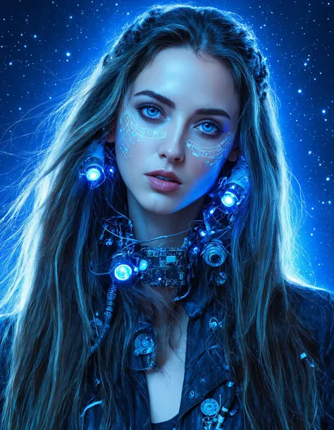 a woman with blue eyes and a face with blue lights on her face and a blue background with stars, Eve Ryder, galaxy, cyberpunk art, space art, circuitry, half machine, very long hair, messy hair, parted lips,
masterpiece, best quality, intricate,