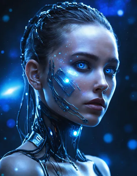 a woman with blue eyes and a face with blue lights on her face and a blue background with stars, Eve Ryder, galaxy, cyberpunk art, space art
masterpiece, best quality, intricate,