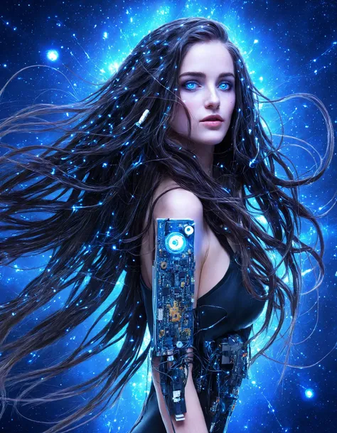 a woman with blue eyes and a face with blue lights on her face and a blue background with stars, Eve Ryder, galaxy, cyberpunk art, space art, circuitry, half machine, very long hair, wavy hair, cable, electric plug, 
masterpiece, best quality,  intricate,
