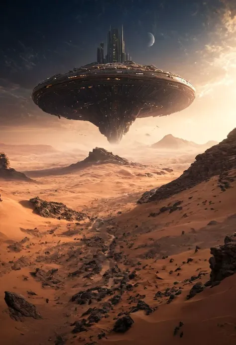 (POV view , DOF, first people view from the entrance, low angle shot:1.4),
(Ancient civilization, Alien Prometheus movie scene, dune movie scene:1.5), 
In the distant future, humans are spread across planets and ruled by an empire. The most important scene in the Dune movie, "Arrakis", was filmed in the Wadi Rum desert, the largest desert in Jordan, also known as the "Valley of the Moon". Some scenes were filmed in Rubou, Abu Dhabi, the Middle East. Shot in the Rub' al Khali desert. In addition to the desert landscape, the towering rocky scenery was also the main reason why it was chosen as the shooting location.
(Large Files, Ultra Realistic, 8K, 16k, FHD, HD, VFX, Perfect, Photography, composition, Architecture Sales Photography, Architecture Competition, Ultra High Resolution, Cinematography, High Resolution Image:1.1), (dramatic lighting, direct sunlight, ray tracing, clear shadow:1.2),  (real landscape:1.1), (blurred background:1.0), (urban background, more_details) ,
great lighting, clear, industrialbuilding, futureskyline, spstation