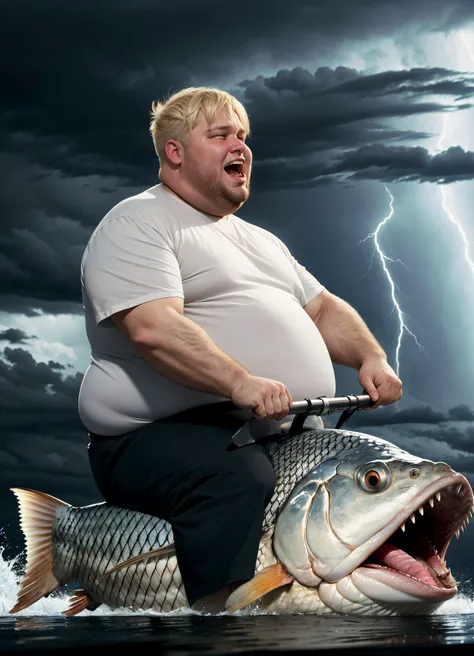 [art by Frederick Arthur Bridgman , (art by William Trost Richards:0.7):7], medium wide shot of a Fatigued morbidly obese Man riding a Tilapia, Blonde hair styled as Blunt bangs, Fangs, Thunderstorm, Visual novel, Surprising, BW, halation,