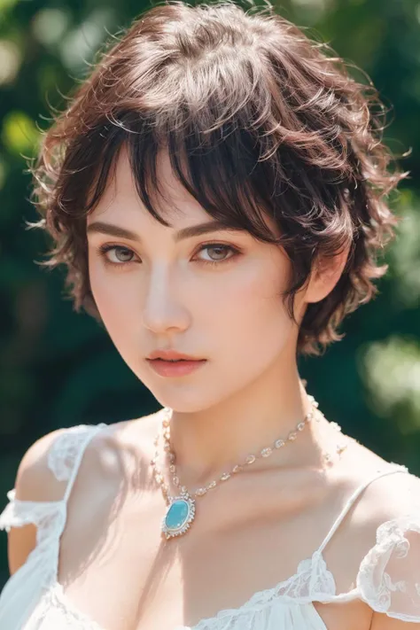 <lora:FilmGirl2:0.65>, photography, beautiful 1girl, offshoulder, fluffy short hair, (natural skin texture, realistic eyes, detailed face), (photorealistic, raw photo:1.2), cold light, 50mm lens, Best quality, masterpiece, necklace, (cleavage:0.75)