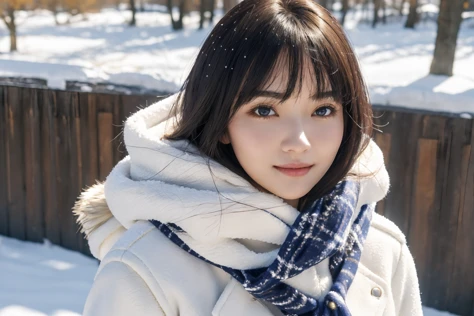 ((best quality)), ((masterpiece)), (detailed), perfect face, beautiful 16 year old Japanese woman, silk tight  moncler puffer coat, seductive,  smiling, happy,  curvy figure, tight puffer coat, fur hood, large breasts, thick bra straps