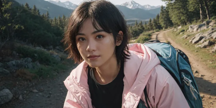 <lora:FilmGirl_v3:0.4>, <lora:1girlmix:0.4>, <lora:XXMix9_v20LoRa:0.15>, a woman woman travels on a mountain road, forest,  (pink outdoor clothing:1.4), outdoor backpack, at the viewer, girl, aestheticism, fluffy short hair, half-length, depth of field, (wide shot, ultrawide shot,), mottled light and shadow, (middle shots), (distant mountains), (photorealistic, raw photo:1.2), (natural skin texture, realistic eye and face details), hyperrealism, soft light, rim light, ultra high res, 4K, Best quality, masterpiece,