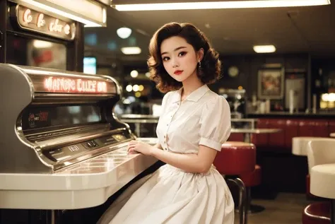 <lora:FilmGX2:0.1>, A girl dressed in a 1950s-inspired dress, 16yo age, complete with a full skirt and petticoat, her hair styled in classic pin curls. She should be seated at an old-fashioned diner, surrounded by vintage details like a jukebox, chrome accents, and neon signs. Her eyes should be sparkling with excitement, her skin flawless and glowing under the soft, dramatic lighting. This scene should be captured on 35mm film, with a beautiful depth of field and a slightly blurry, nostalgic background. film portrait photography, 35mm film