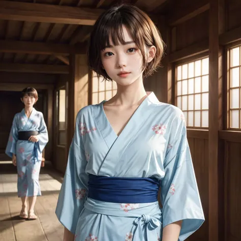 masterpiece, best quality, 8k, super detailed skin, looking over one shoulder, hot, cute, 1girl, short hair, wearing yukata, a group of friends discover a haunted house, <lora:cuteGirlMix4_v10:0.2>, <lora:tokyoGirl_v10:0.2>, <lora:flat2:-1>