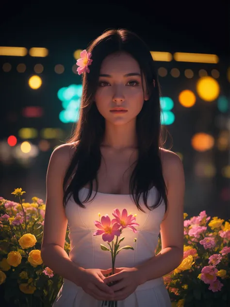 50mm photography a woman model in front of flowers, cinematic neon uplighting, meditating, left align content, colored lights, by William Berra, surrender, low angel, inspired by Mabel Rollins Harris, napa, beatiful vivid lights, enlightened, half body, (highest quality, best quality, masterpiece, ultra-detailed, hires, absurdres)