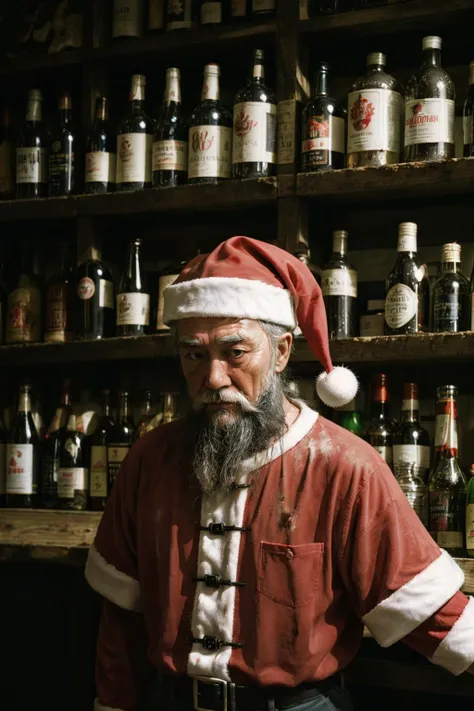 drunk, creepy santa, muddy, crowded bottles bar, intricate details, hdr, intricate details, hyperdetailed, cinematic, dark shot, muted colors, film grainy, soothing tones, muted colors, technicolor, <lora:Velvia2:0.6>