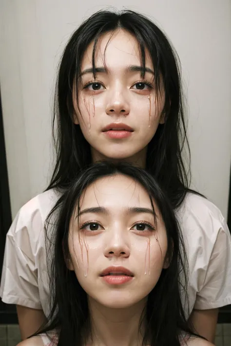 A young woman with long, dark hair, disheveled and tangled, her face pale with wide, fearful eyes. She is wearing a torn, blood-stained white dress, with dirt smudges all over. Her hands are trembling, and she has scratches on her arms. The setting is dark and eerie, with low, flickering lighting casting long shadows. The atmosphere is chilling, with a sense of dread and terror surrounding her.