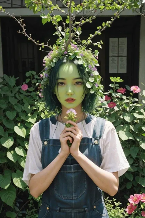 In this whimsical portrait, we see a green-skinned alien woman tending to her otherworldly garden. Her hair resembles long, flowing vines, adorned with blooming alien flowers. She wears a gardening apron covered with pockets filled with strange gardening tools. Her eyes are wide with fascination as she examines a bizarre, colorful plant that has just sprouted in her garden. The scene is filled with vibrant, glowing plants and flowers, creating an aura of extraterrestrial enchantment. The alien woman's expression is one of curiosity and amusement, as she marvels at the peculiar flora surrounding her, <lora:Velvia1:0.5>